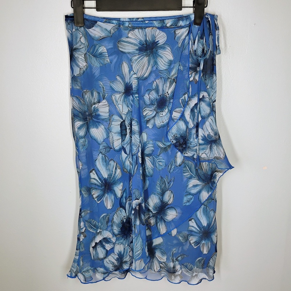 Vintage A Byer Y2K Floral Skirt Blue Small Faux Wrap Fairy Knee Length Ruffle